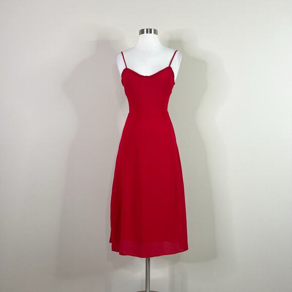 Reformation | Cherry Red A-Line Simple Cocktail Slit Designer Midi Dress 4 - Picture 2 of 9